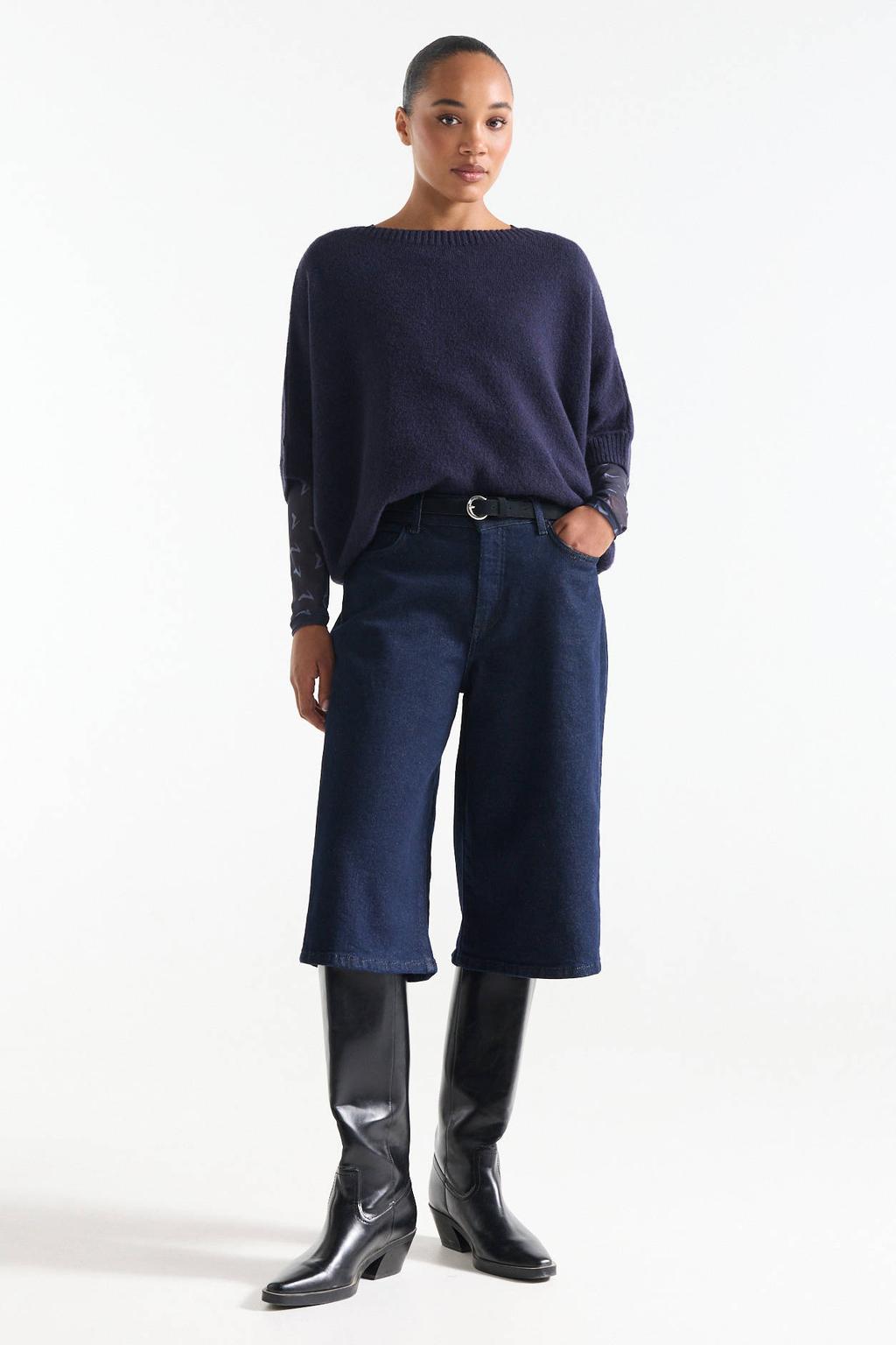 Donkerblauwe dames JANSEN Amsterdam sweater van acryl met effen, lange mouwen en ronde hals