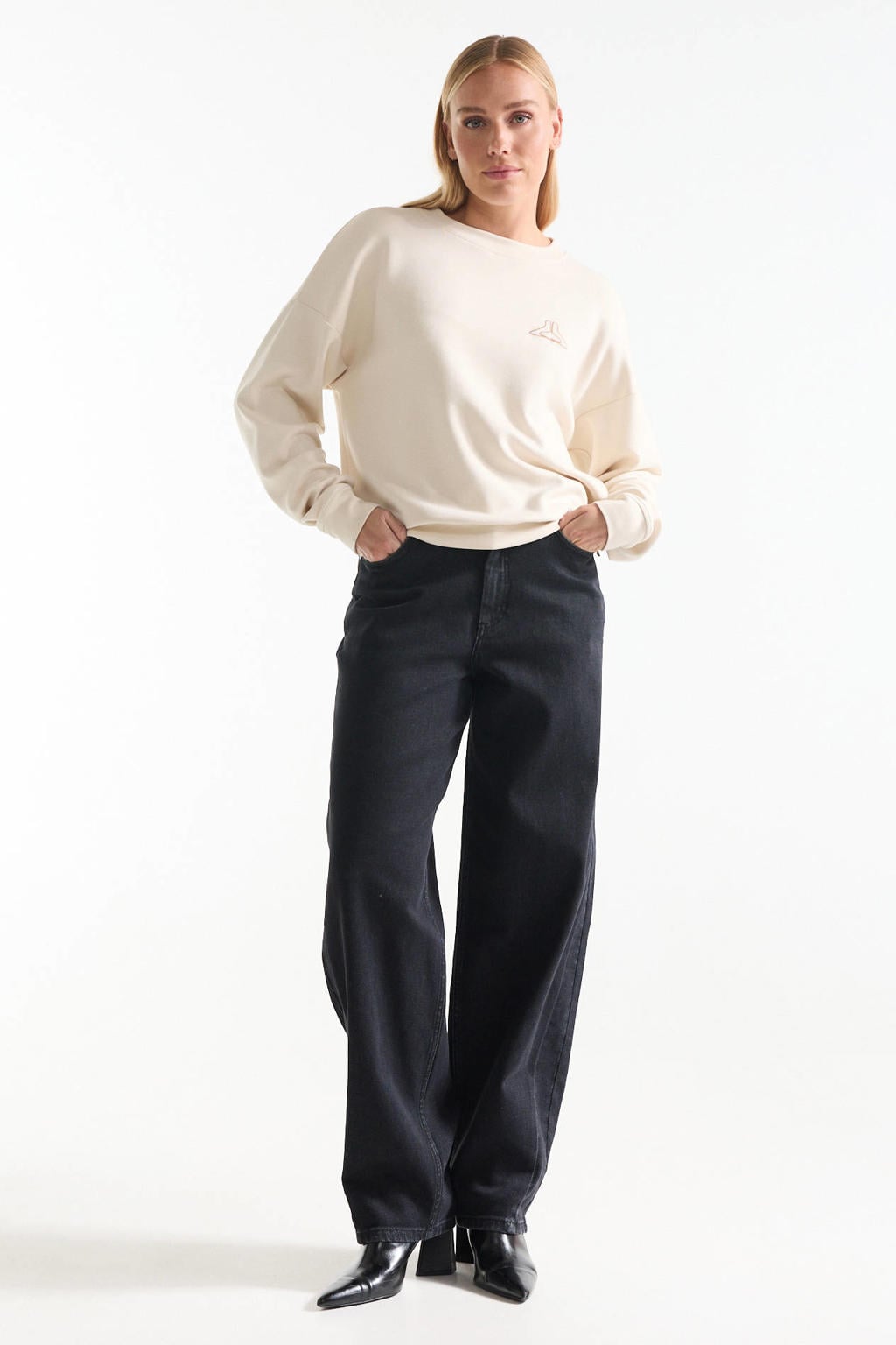 Black denim dames JANSEN Amsterdam wide leg jeans van denim met high waist, rits- en knoopsluiting en effen