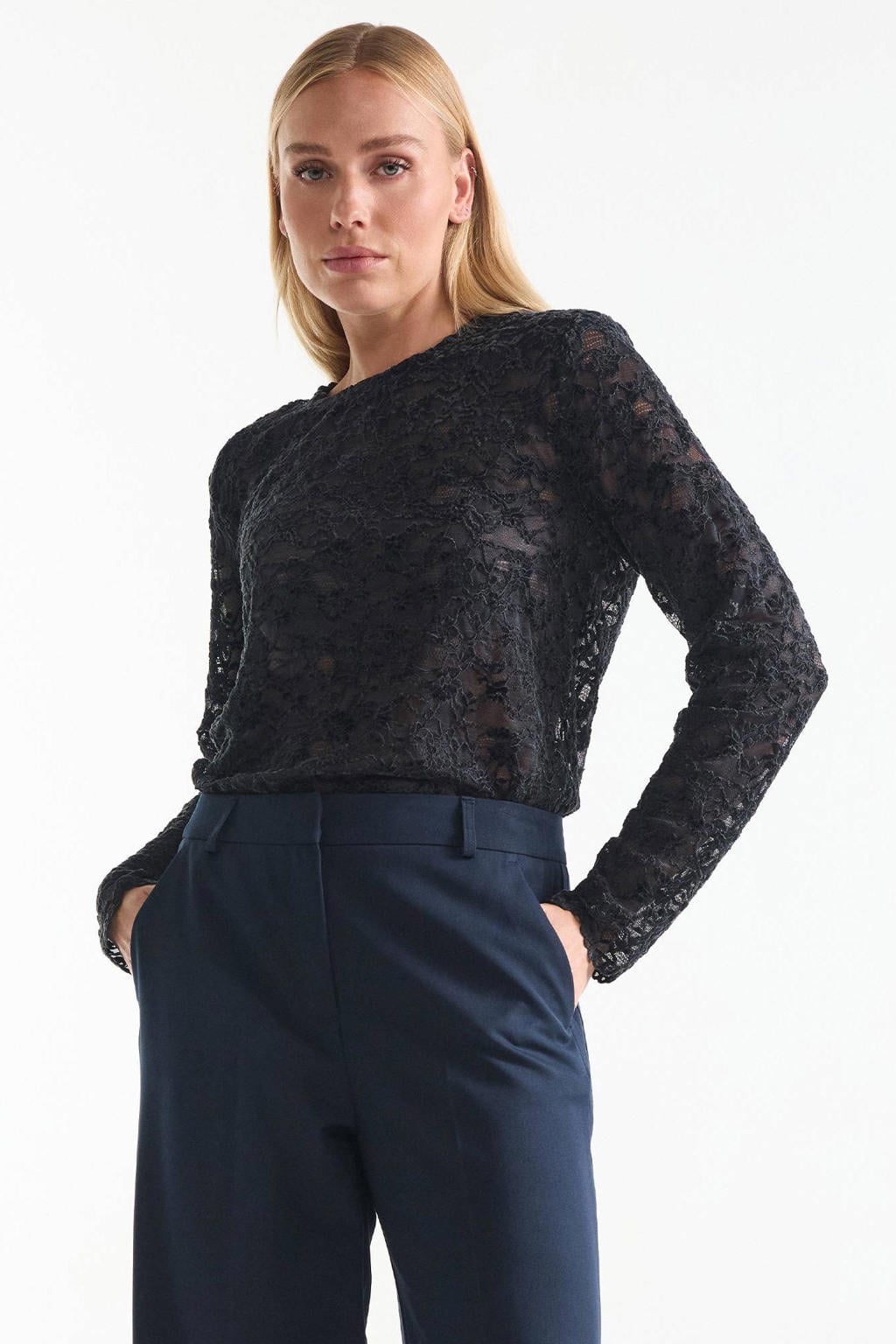 Donkerblauwe dames JANSEN Amsterdam gebloemde top van polyester met lange mouwen en ronde hals