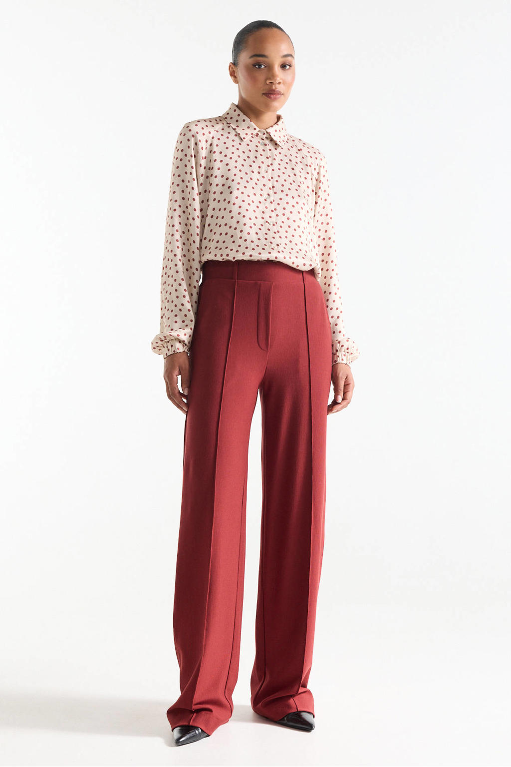 Donkerrode dames JANSEN Amsterdam wide leg broek van viscose met high waist en effen
