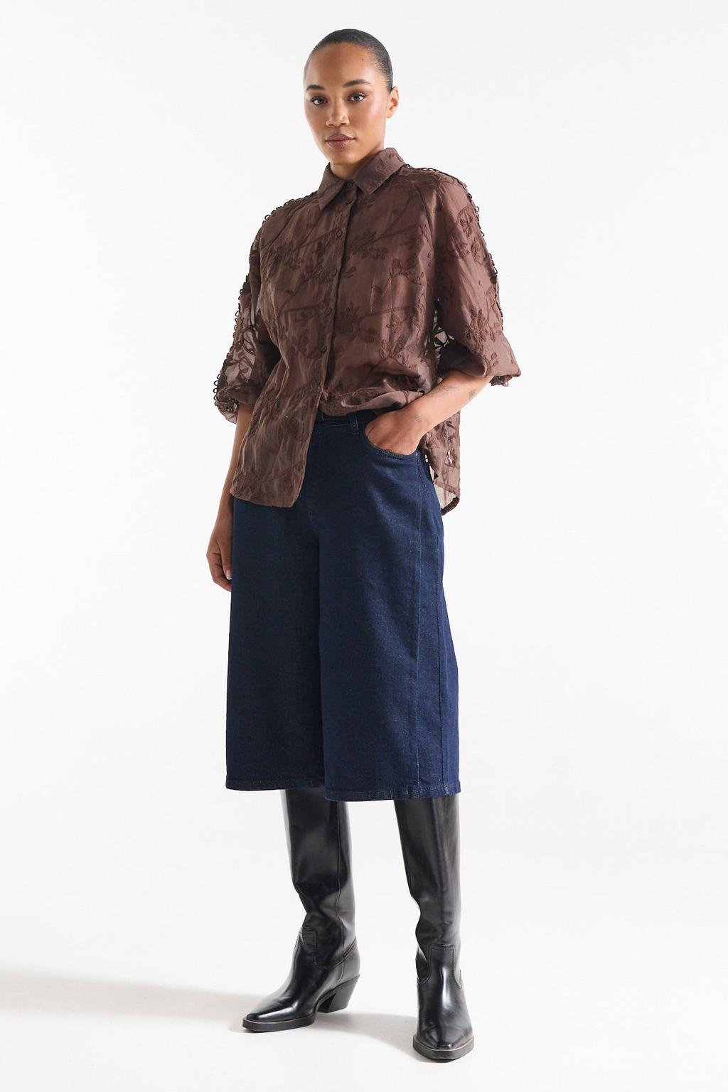 Bruine dames JANSEN Amsterdam blouse van katoen met driekwart mouwen, klassieke kraag, knoopsluiting en borduursels