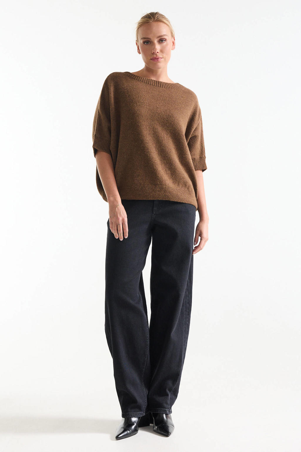 Camelkleurige dames JANSEN Amsterdam sweater van acryl met effen, lange mouwen en ronde hals