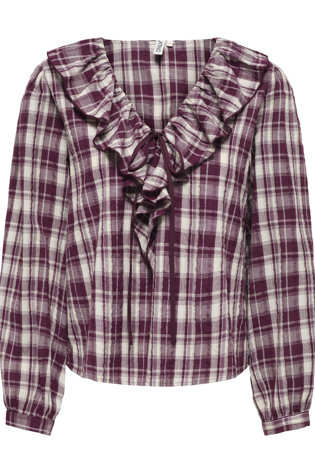 Rood en ecru dames ONLY geruite blouse van katoen met lange mouwen, klassieke kraag, knoopsluiting en ruches