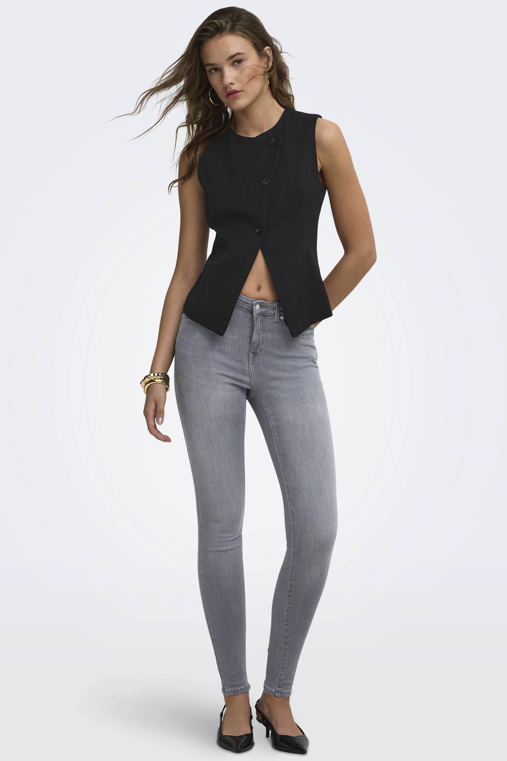 Zwarte dames ONLY gilet van polyester met effen, reverskraag en knoopsluiting