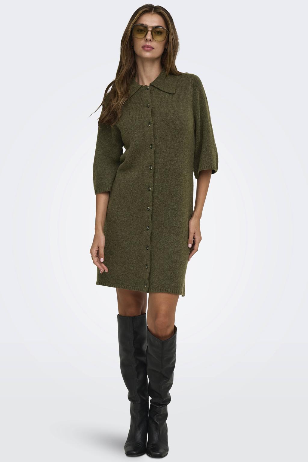 Groene dames ONLY gebreide jurk van polyester met effen, driekwart mouwen, polo kraag en knoopsluiting