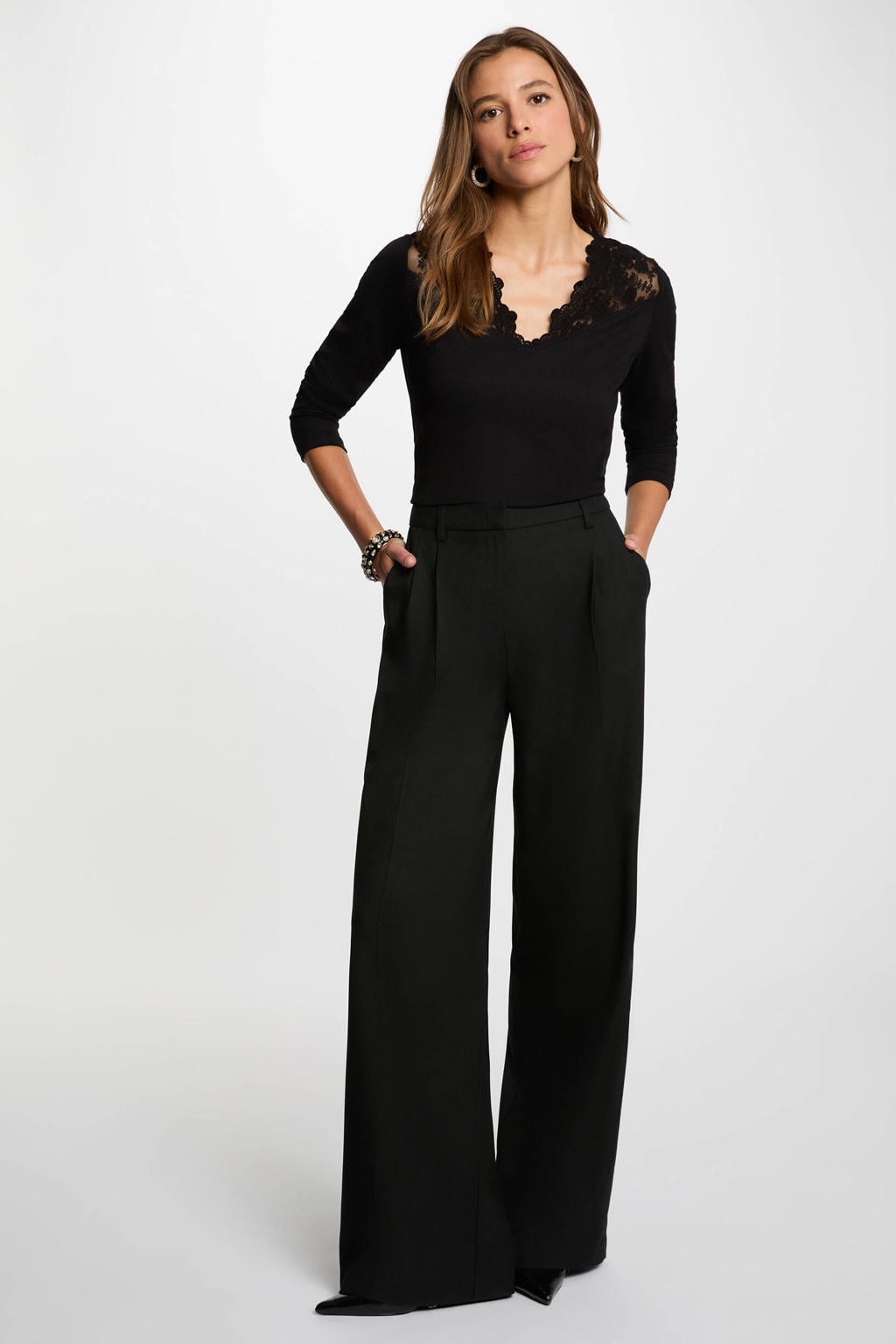 Zwarte dames Morgan semi-transparante top van viscose met effen, driekwart mouwen en V-hals