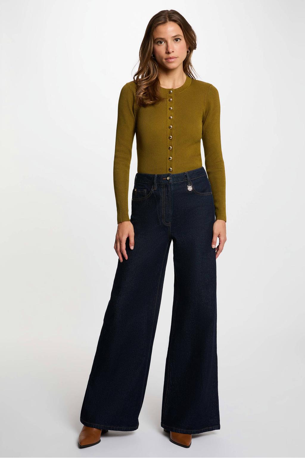 Dark blue denim dames Morgan high waist flared jeans van denim met rits- en knoopsluiting en effen