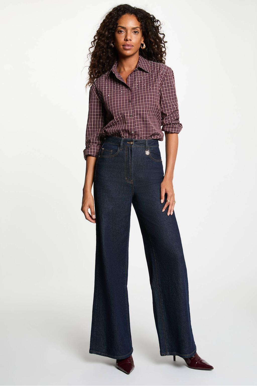 Donkerrode dames Morgan geruite blouse van polyester met lange mouwen, klassieke kraag en knoopsluiting