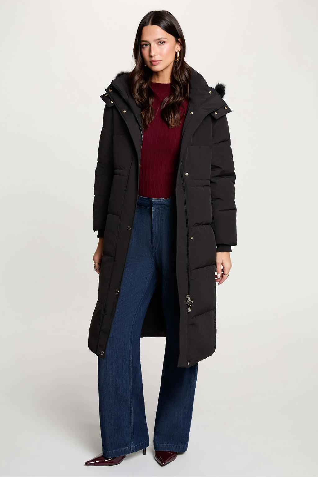 Zwarte dames Morgan gewatteerde winterjas van polyester met effen, lange mouwen, opstaande kraag, rits- en knoopsluiting en afneembare imitatiebontkraag