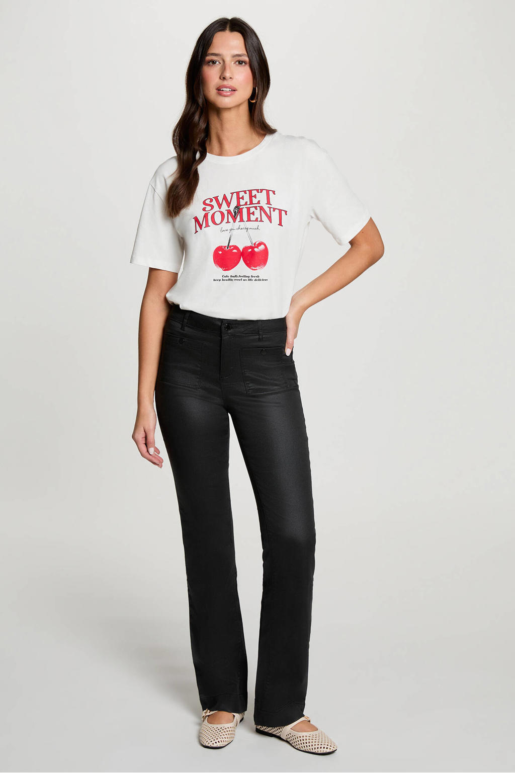 Zwarte dames Morgan coated bootcut jeans van denim met regular waist, rits- en knoopsluiting en effen