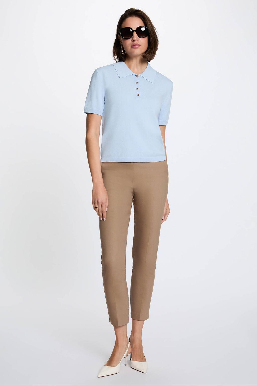 Lichtblauwe dames Morgan polo van viscose met effen en korte mouwen