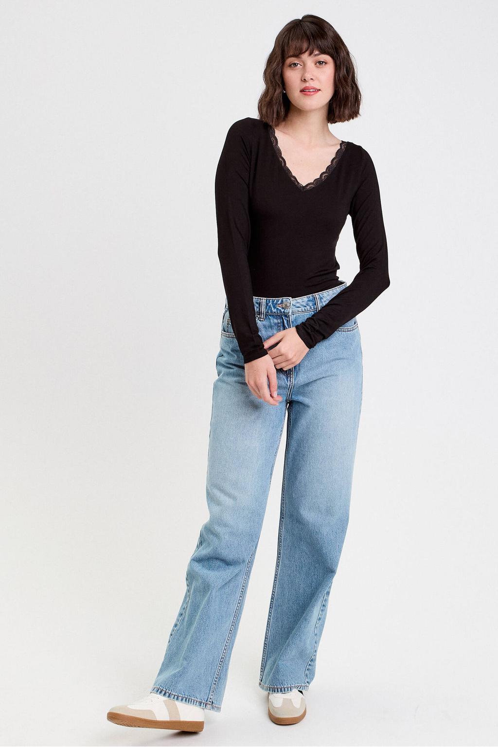 Zwarte dames Cache Cache top van viscose met effen, lange mouwen en V-hals