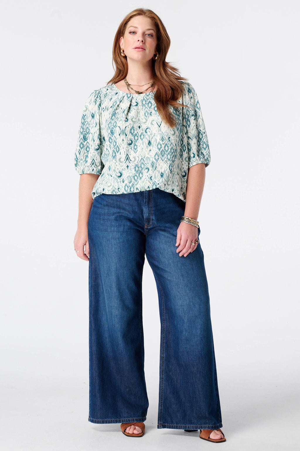 Groen en ecru dames MS Mode top Plus Size van polyester met driekwart mouwen