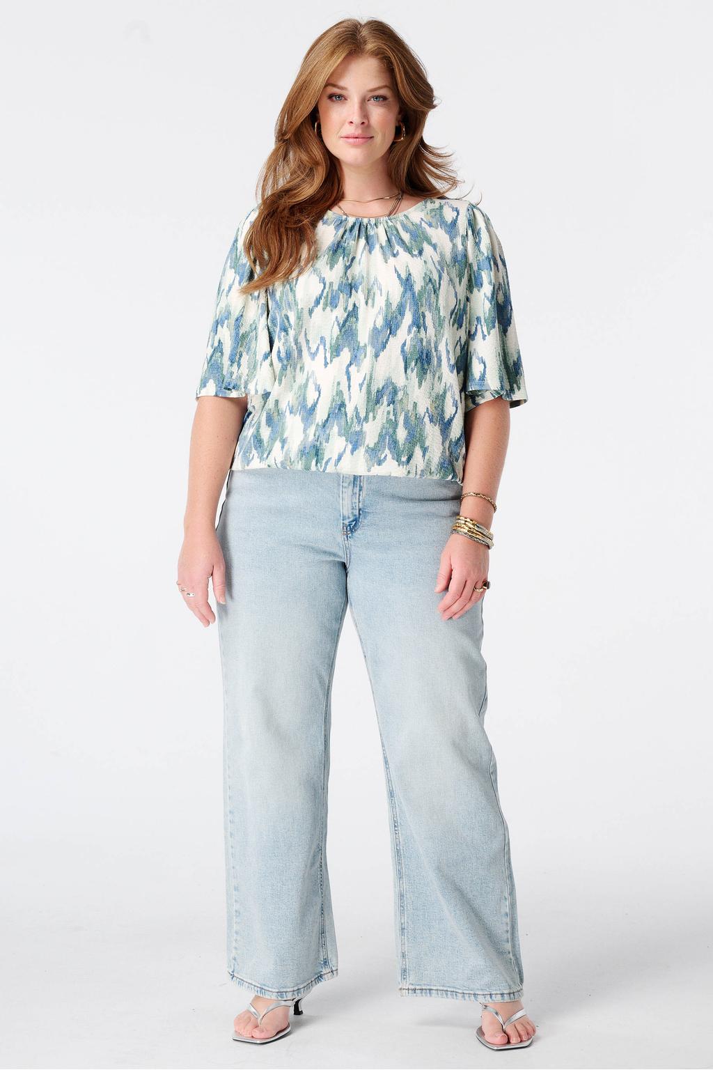 Blauw en ecru dames MS Mode top Plus Size van polyester met driekwart mouwen