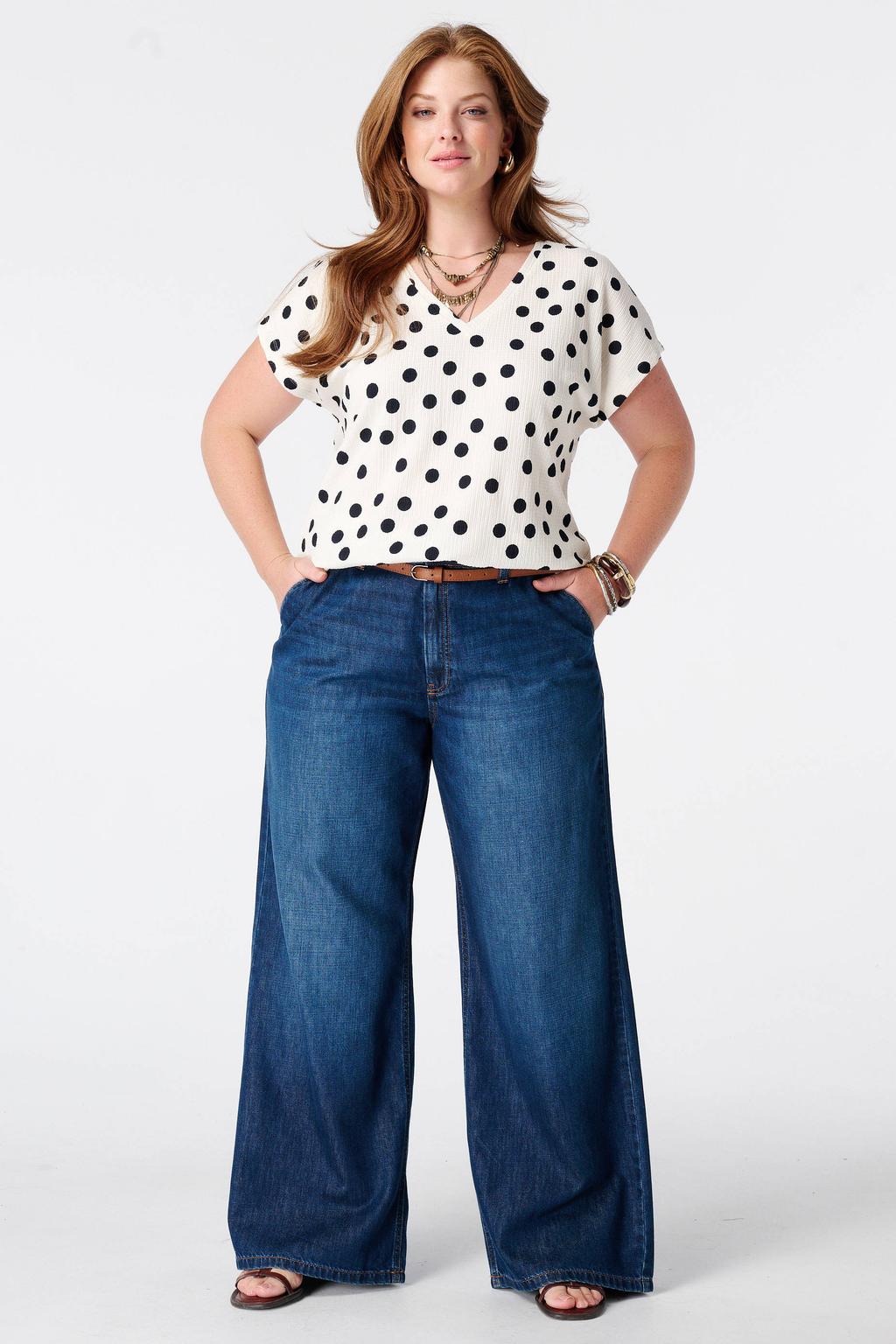 Ecru en zwarte dames MS Mode top Plus Size van polyester met stippenprint en korte mouwen