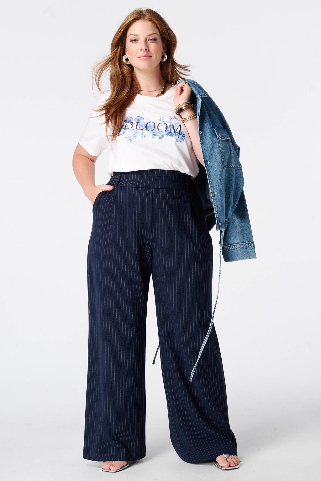 Wit en blauwe dames MS Mode T-shirt Plus Size van katoen met tekst print en korte mouwen