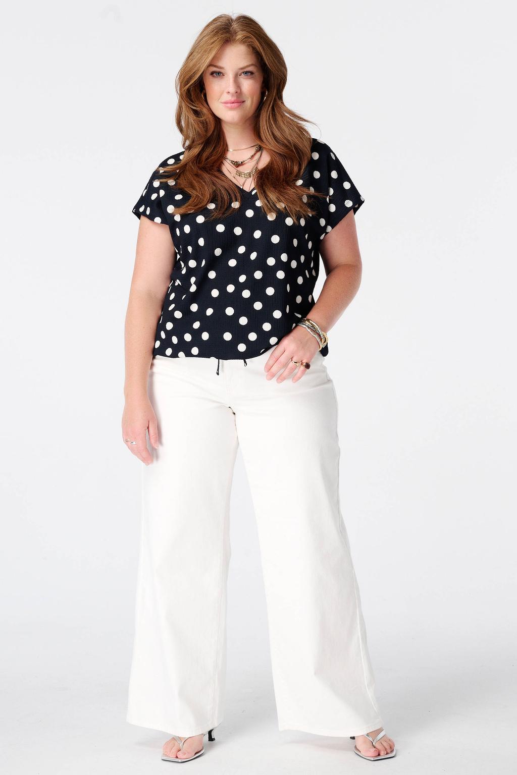 Blauw en witte dames MS Mode top Plus Size van polyester met stippenprint en korte mouwen