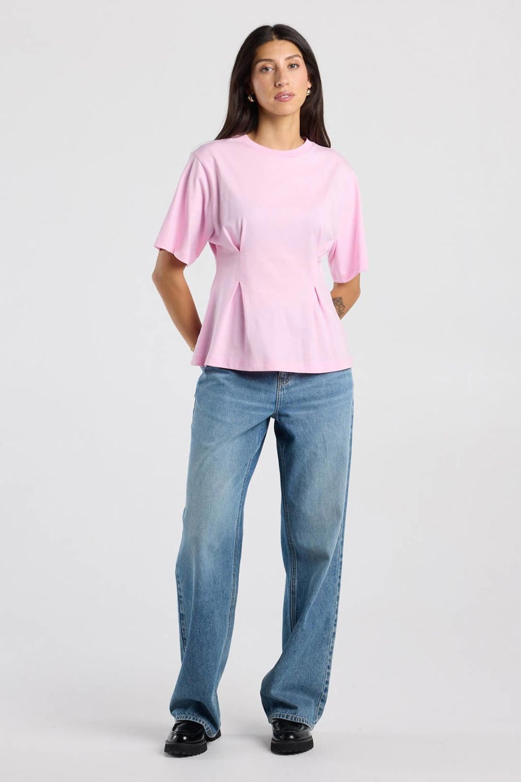Roze dames America Today T-shirt van katoen met effen, korte mouwen, ronde hals en plooien