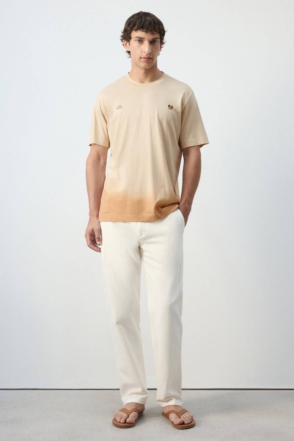 Beige heren Mango Man regular fit tie-dye T-shirt van katoen met korte mouwen en ronde hals