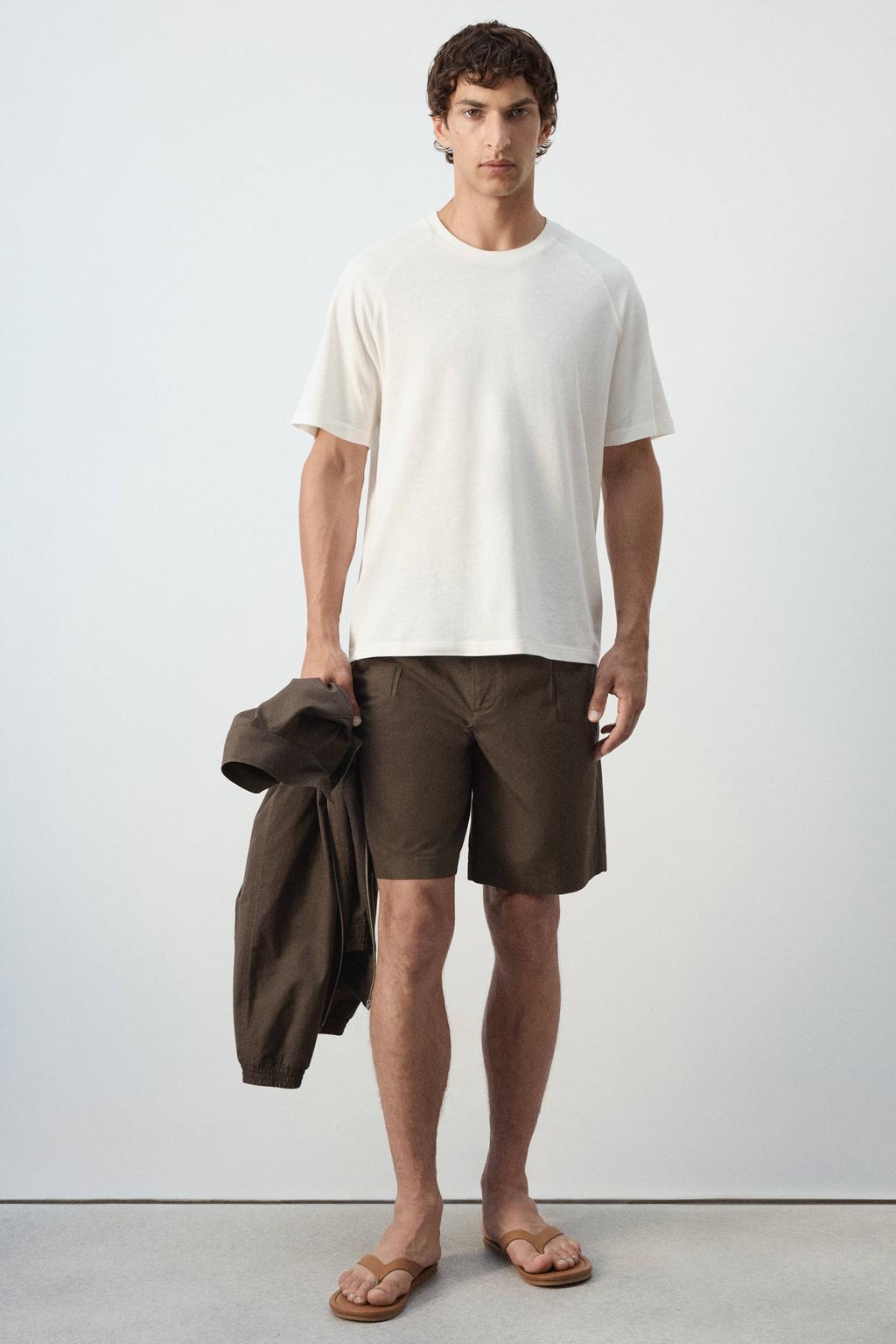 Witte heren Mango Man linnen relaxed fit T-shirt met effen, korte mouwen en ronde hals