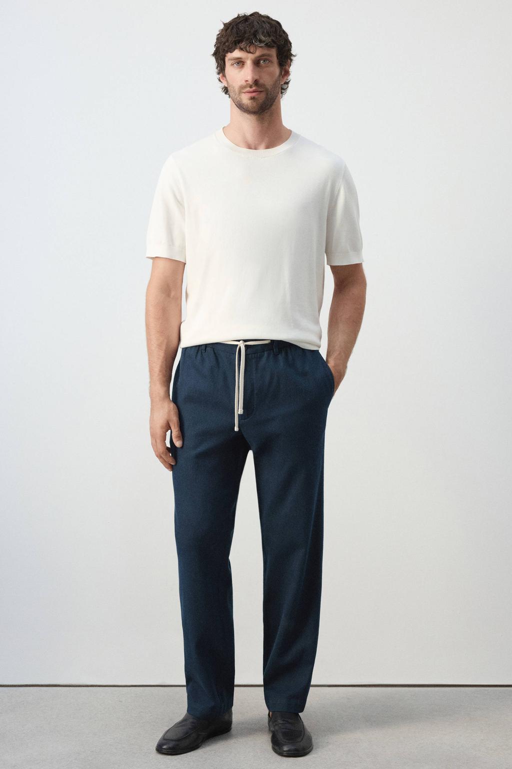 Mango Man relaxed fit casual broek met linnen - donkerblauw