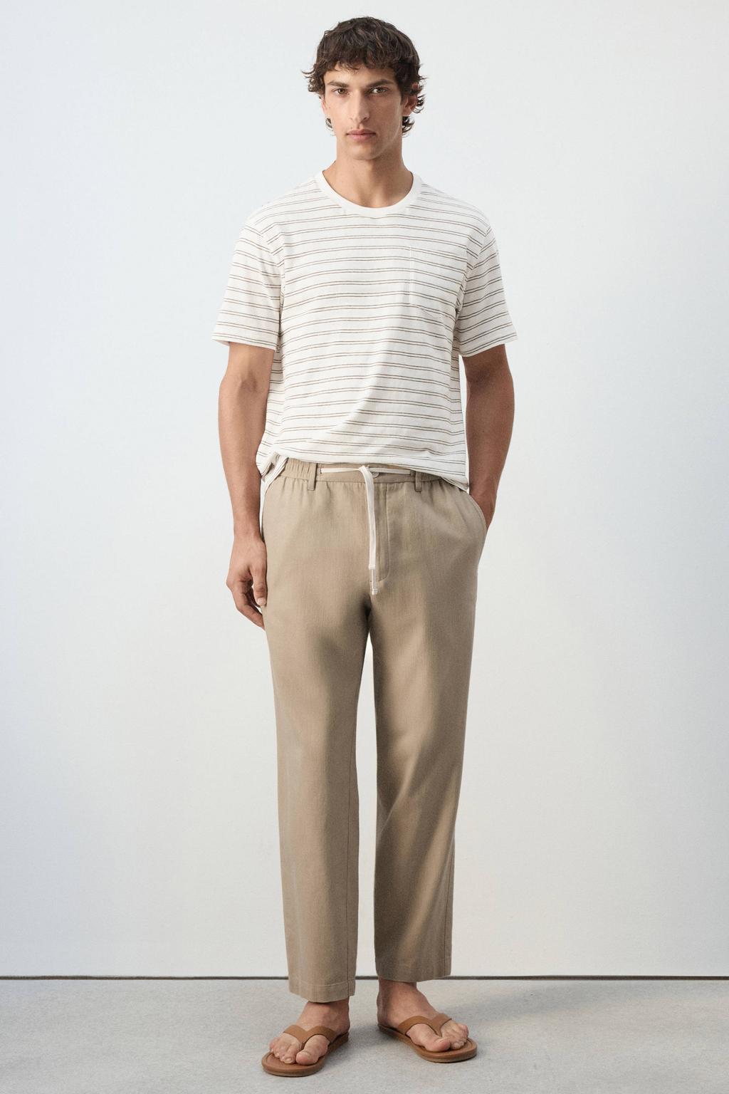 Mango Man relaxed fit casual broek met linnen - lichtbeige