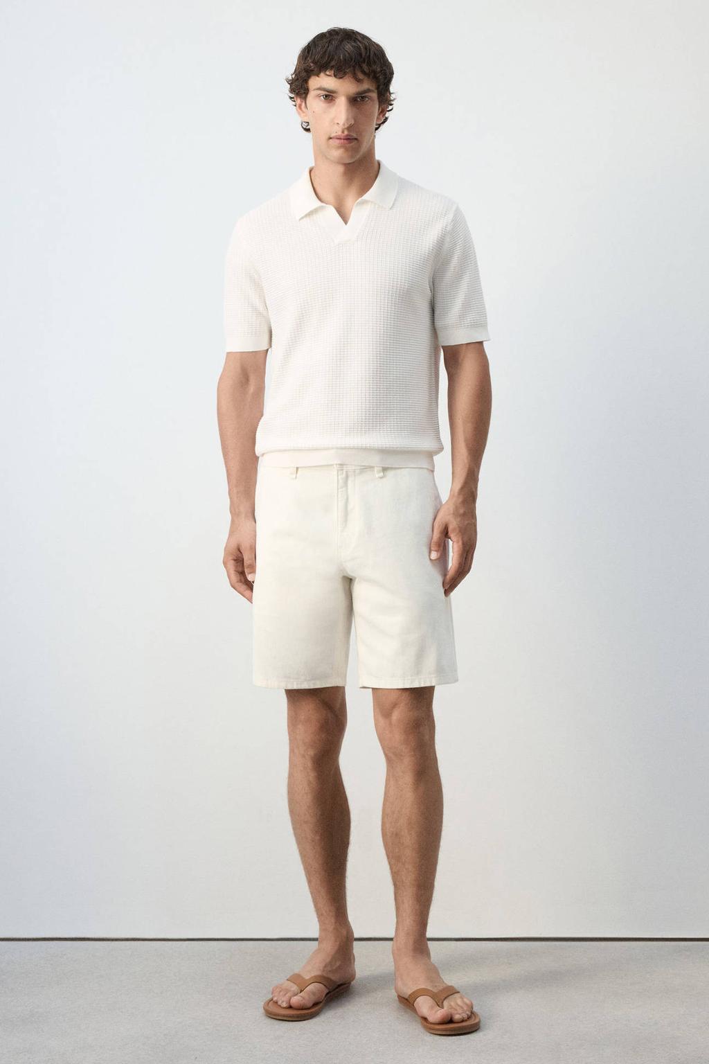 Ecru heren Mango Man slim fit gebreide polo van katoen met effen en korte mouwen