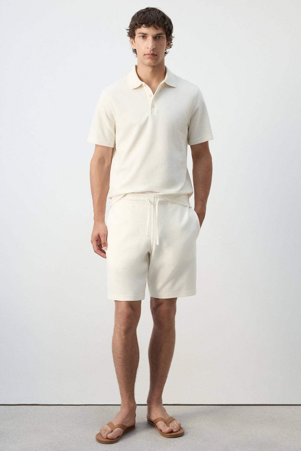 Ecru heren Mango Man regular fit polo met effen, korte mouwen en textuur