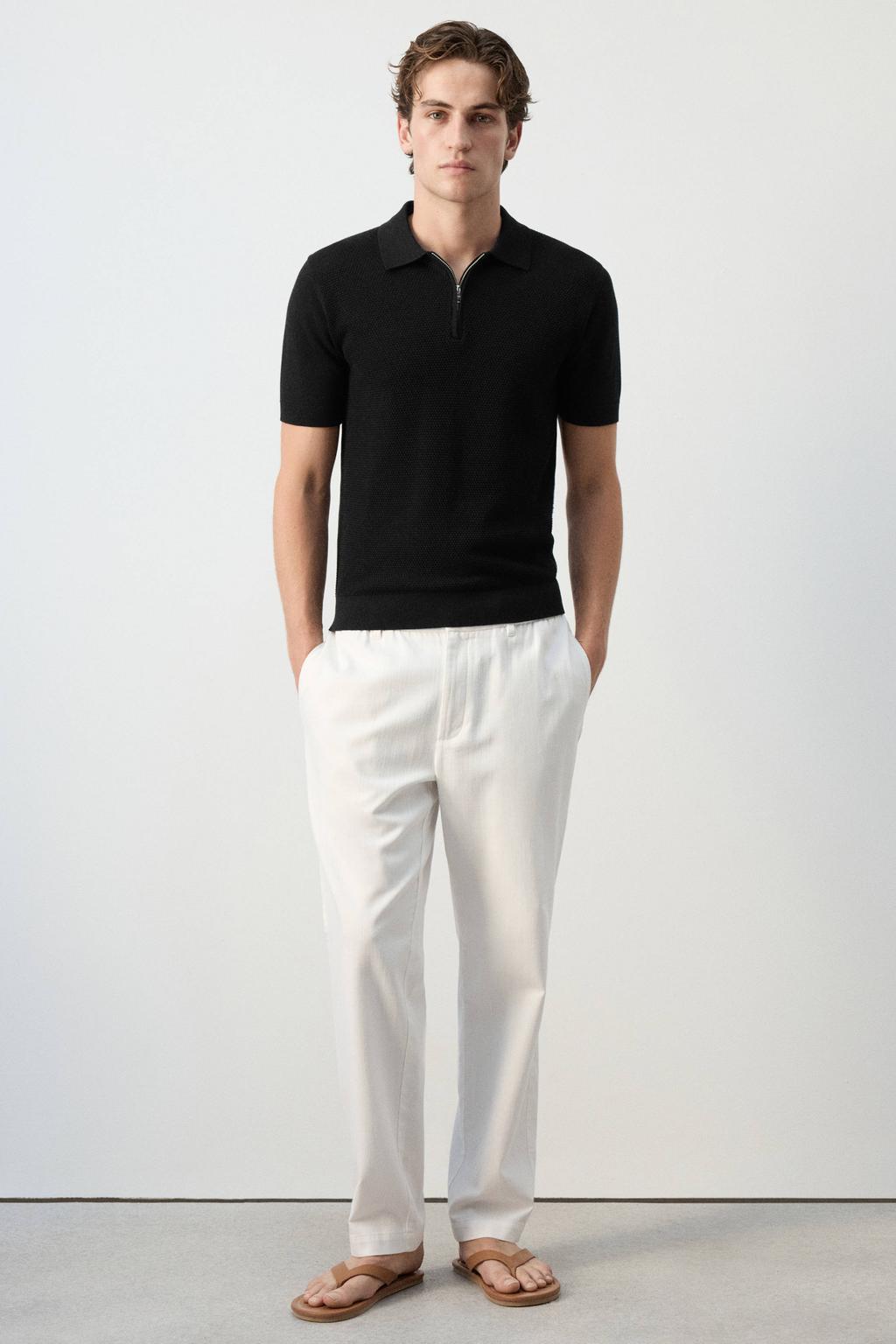 Zwarte heren Mango Man slim fit polo van katoen met effen, korte mouwen en geribde boorden