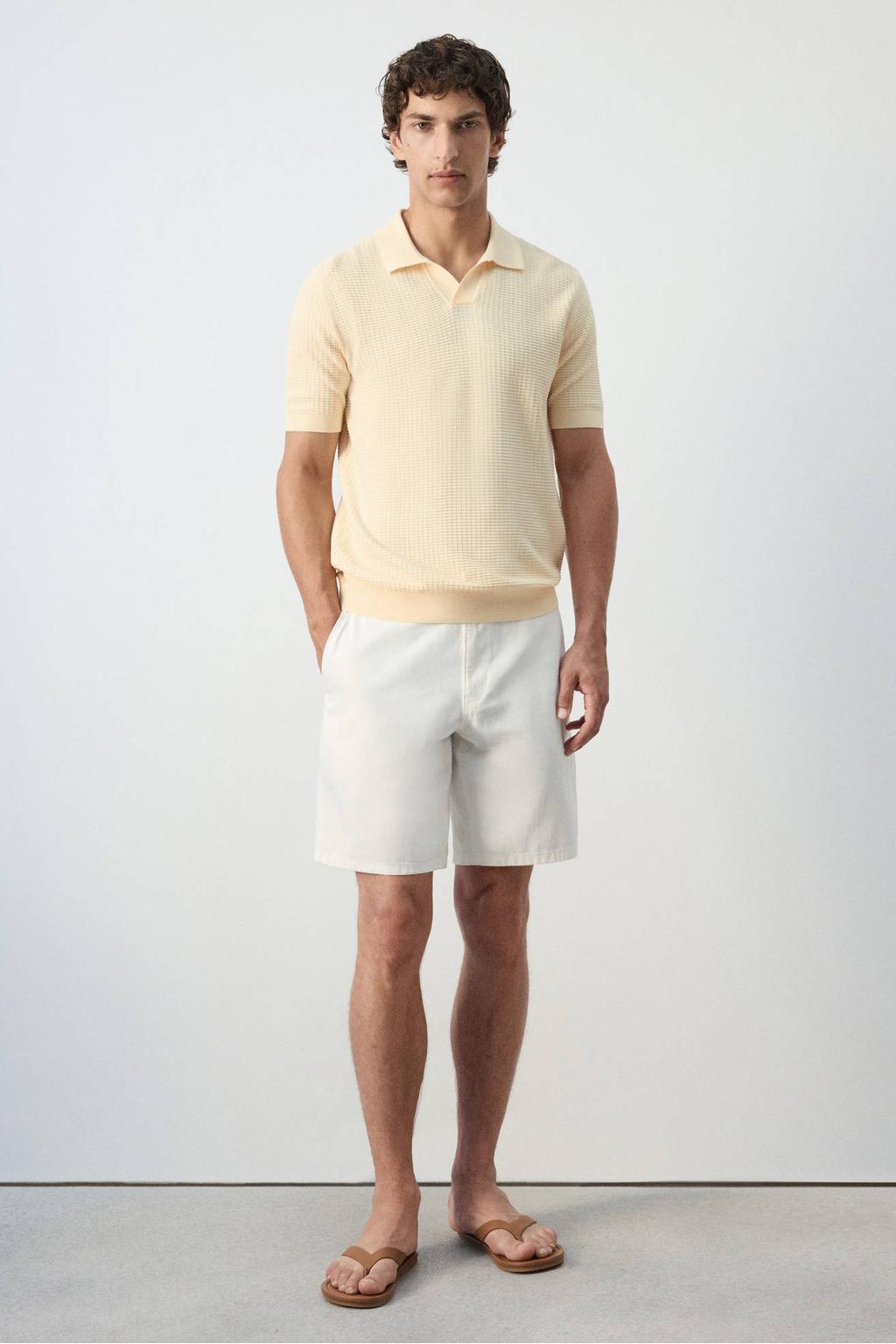 Gele heren Mango Man slim fit gebreide polo van katoen met effen en korte mouwen