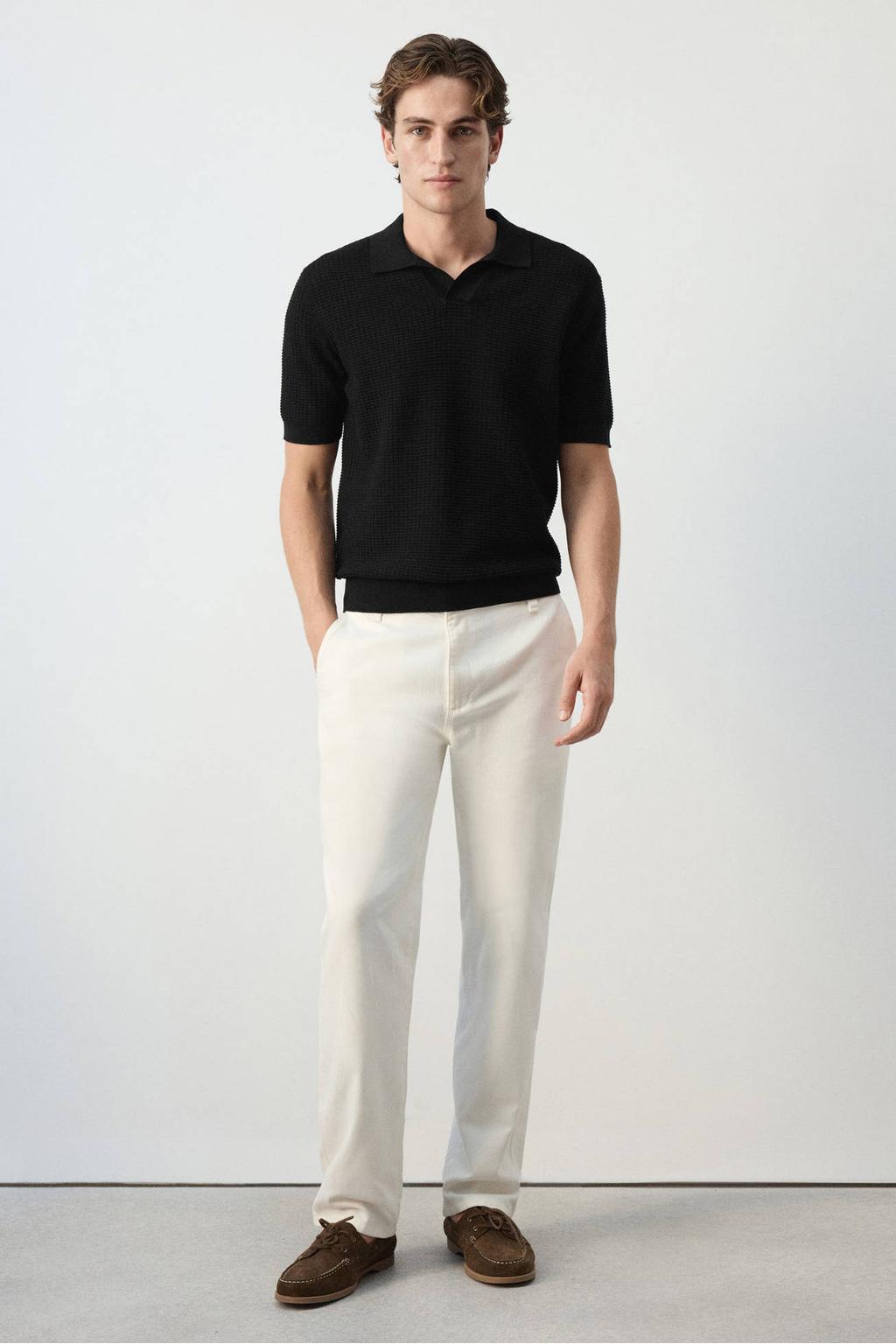 Zwarte heren Mango Man slim fit gebreide polo van katoen met effen en korte mouwen