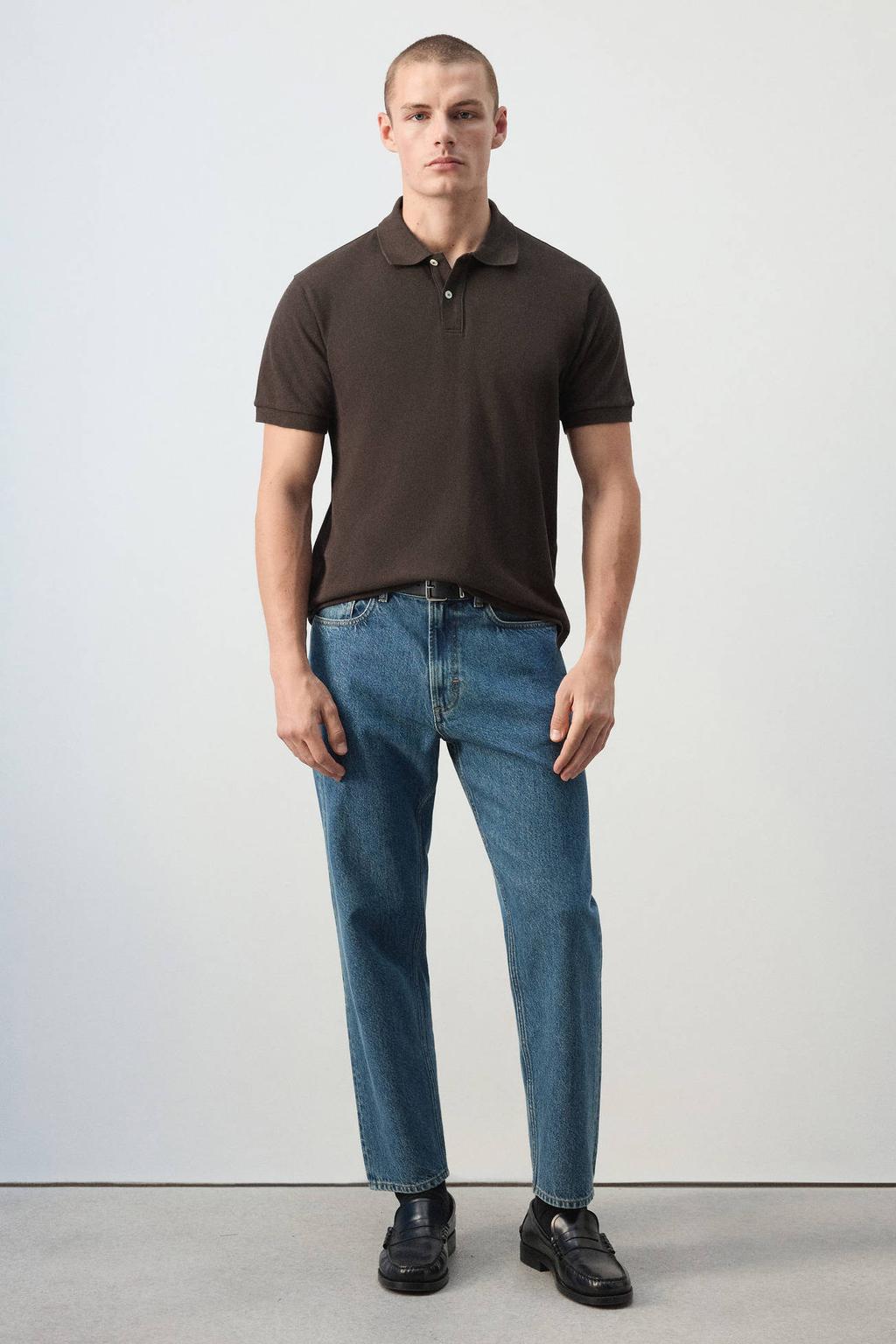 Bruine heren Mango Man regular fit piqué polo van katoen met effen en korte mouwen