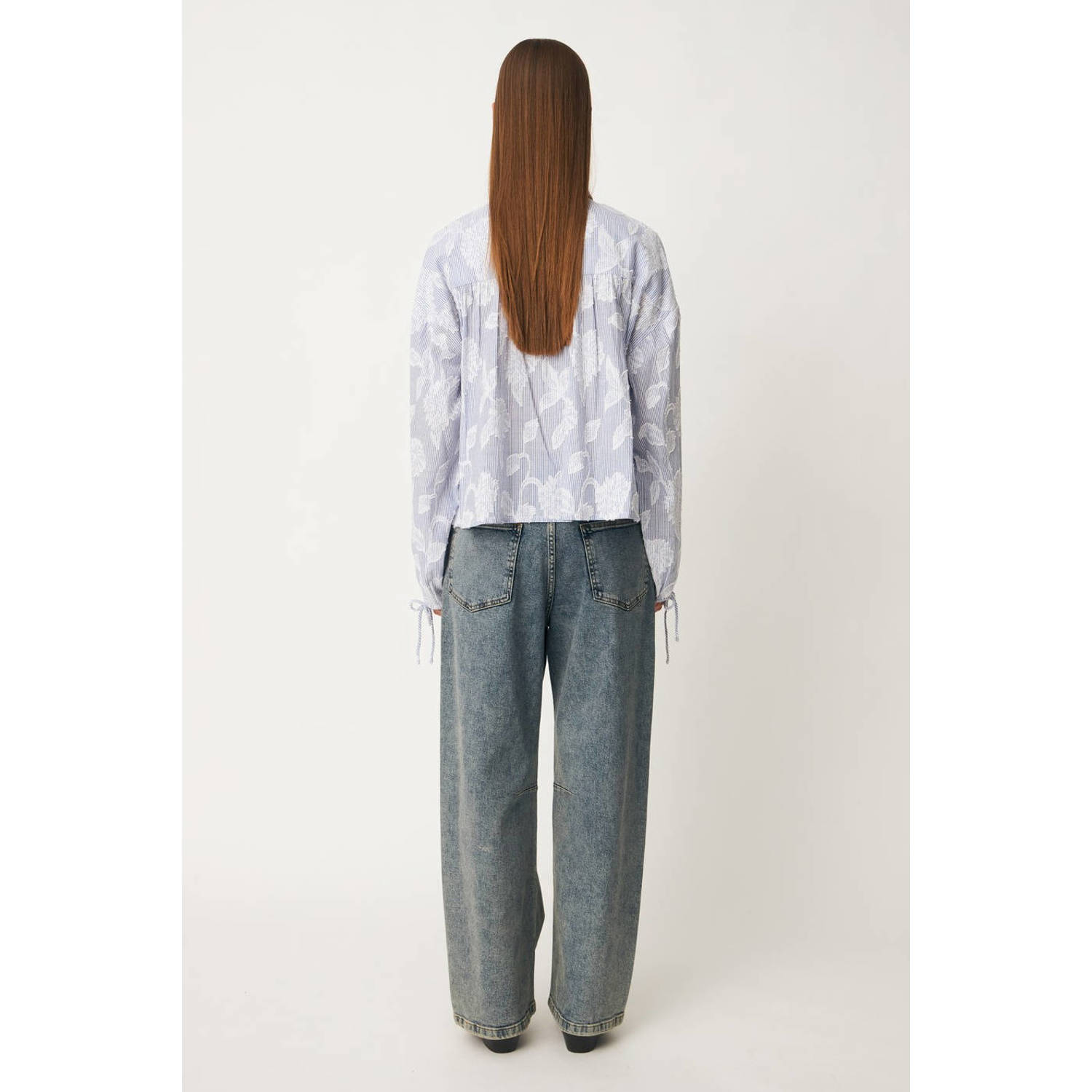 Modström gebloemde gestreepte blouse lichtblauw