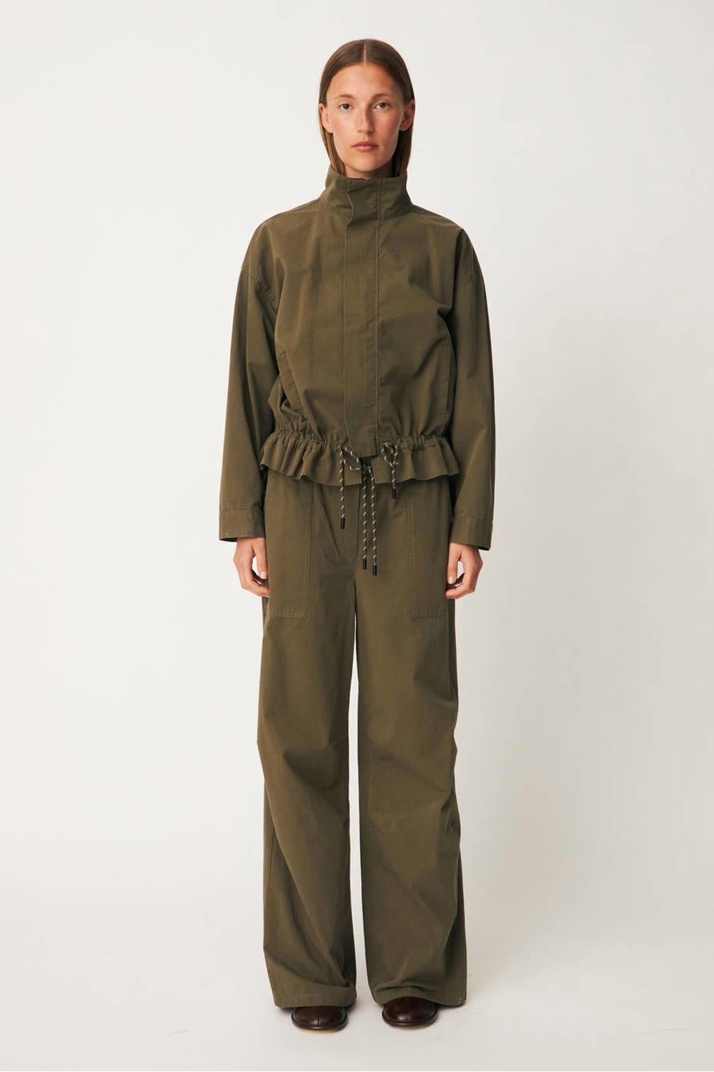 Groene dames Modström wide leg broek van katoen met elastische tailleband met koord en effen