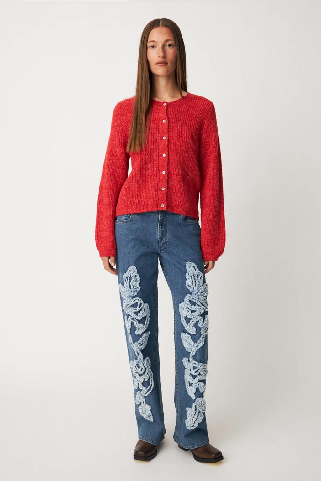 Rode dames Modström gebreide vest van acryl met effen, lange mouwen, ronde hals en knoopsluiting