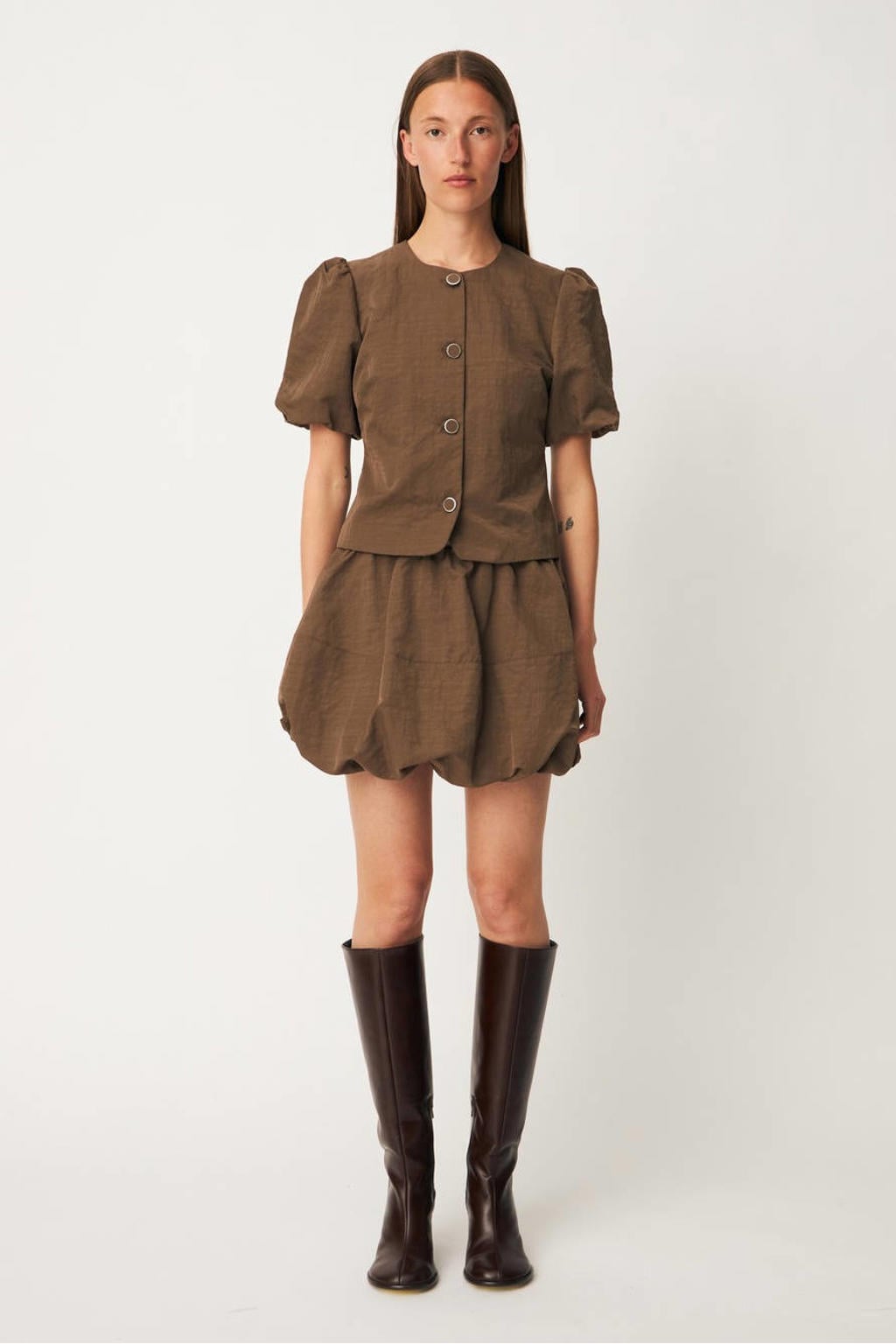 Bruine dames Modström blouse van nylon met effen, korte mouwen, ronde hals en knoopsluiting