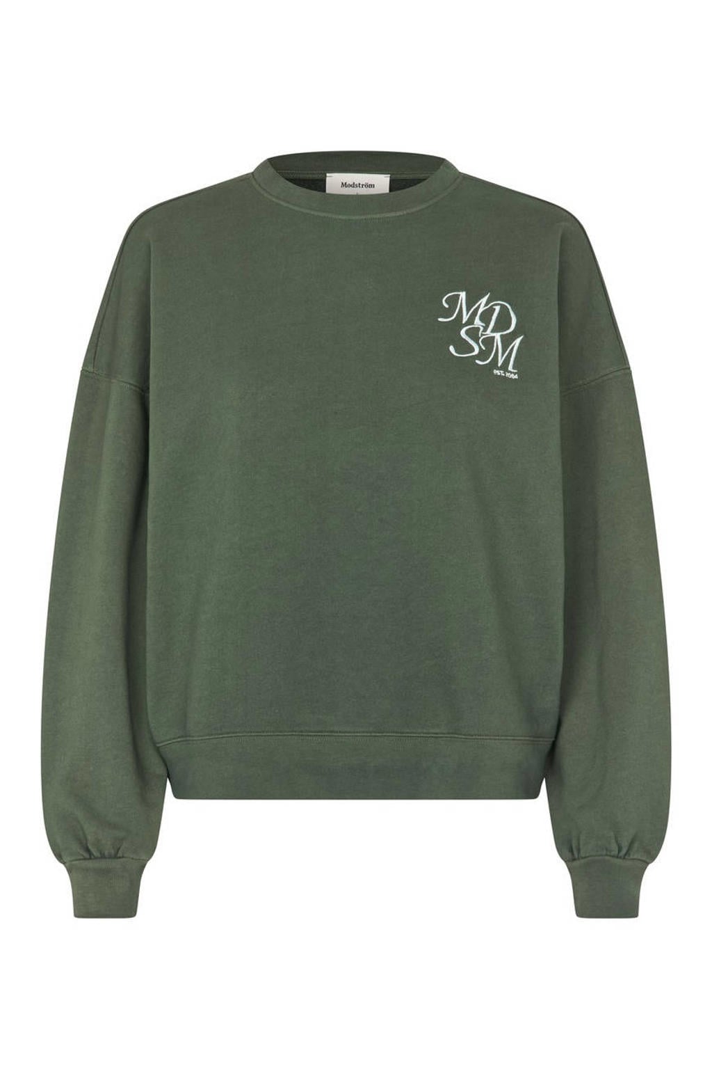 Groene dames Modström katoenen sweater met logo dessin, lange mouwen en ronde hals