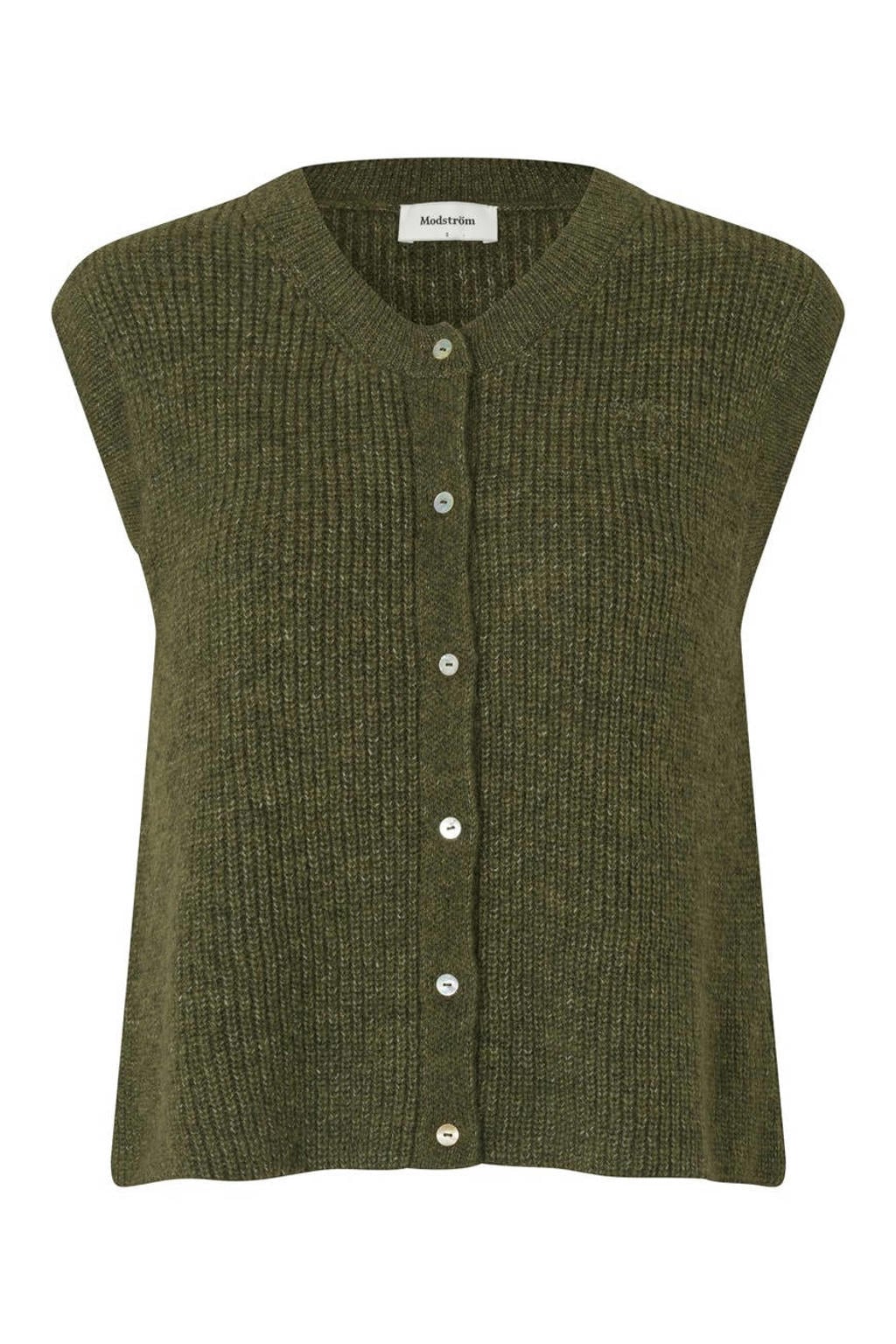 Groene dames Modström gebreid vest van acryl met effen, ronde hals en knoopsluiting