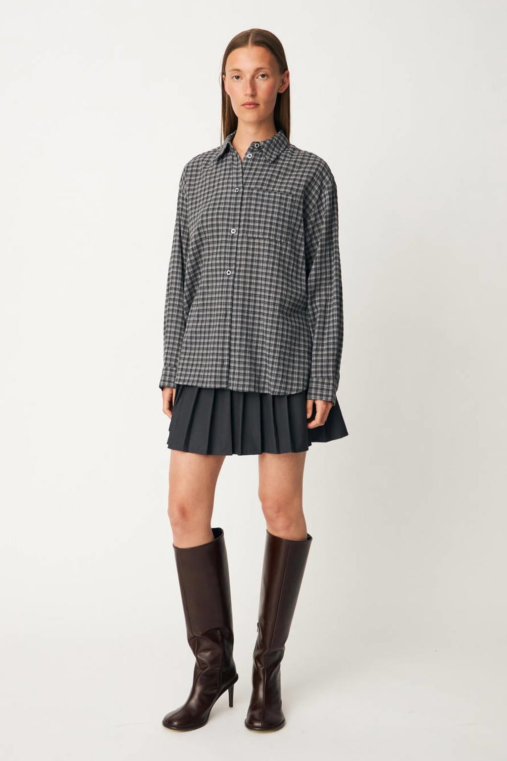 Grijze dames Modström geruite blouse van katoen met lange mouwen, klassieke kraag en knoopsluiting