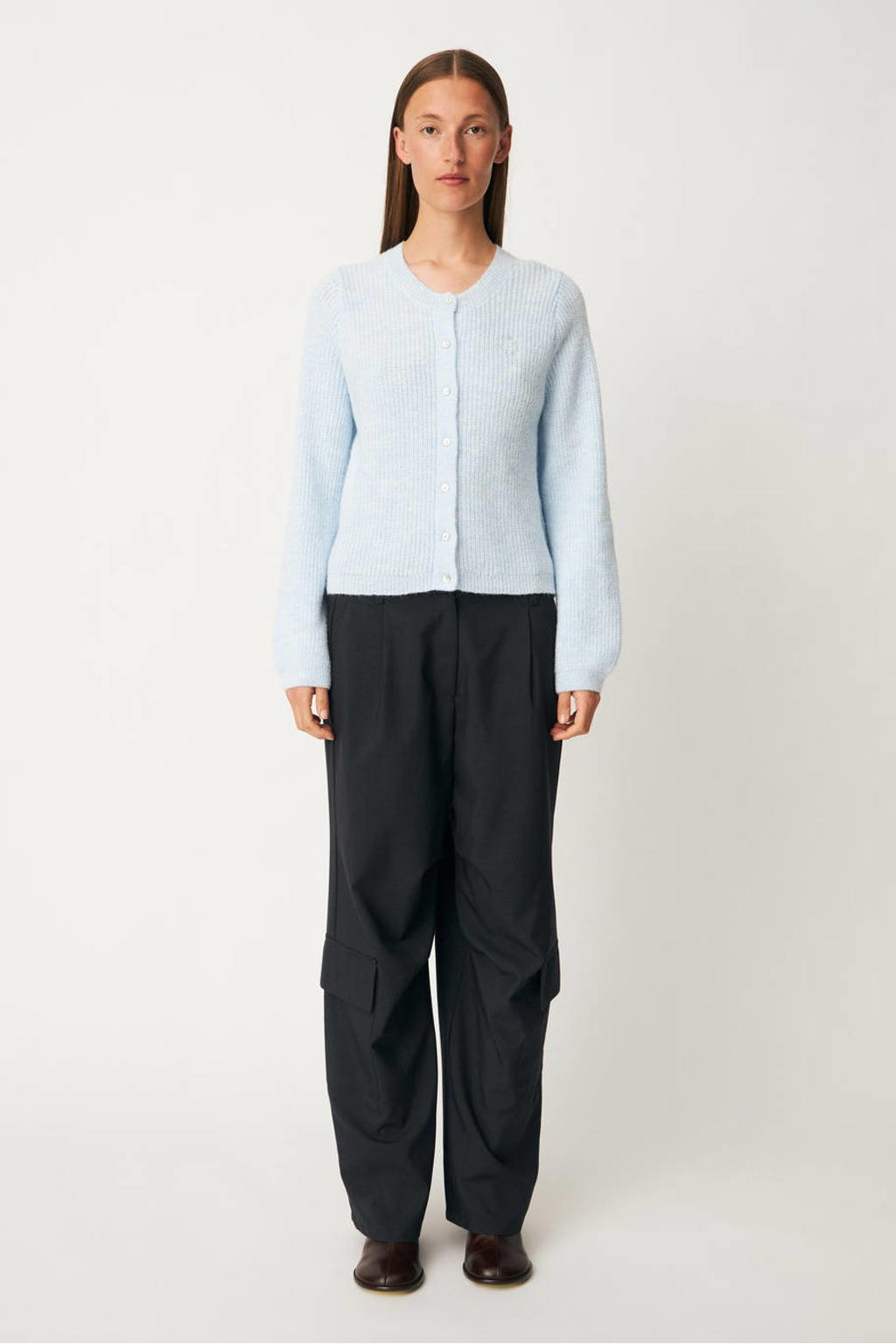 Lichtblauwe dames Modström gebreide vest van acryl met effen, lange mouwen, ronde hals en knoopsluiting