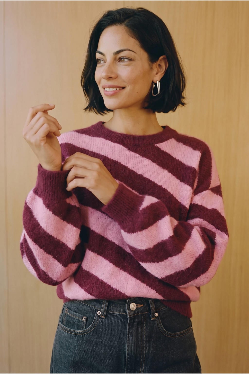 VERO MODA rechtvallende gestreepte trui - donkerrood/roze