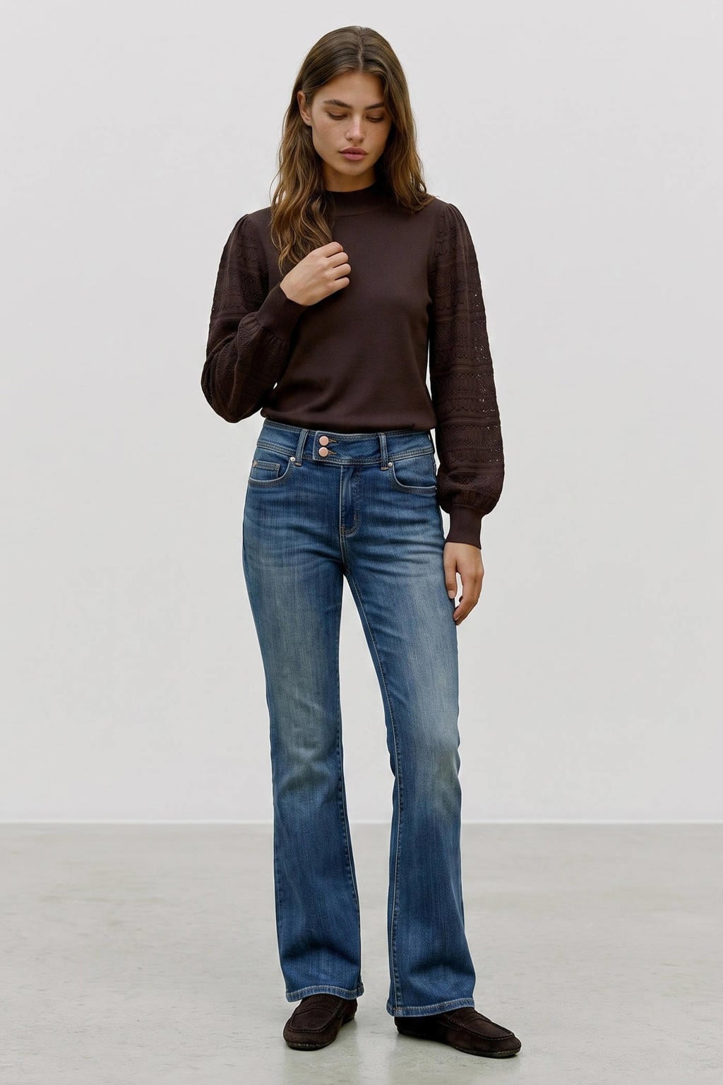 Donkerblauwe dames VERO MODA van viscose met effen, lange mouwen, ronde hals en borduursels