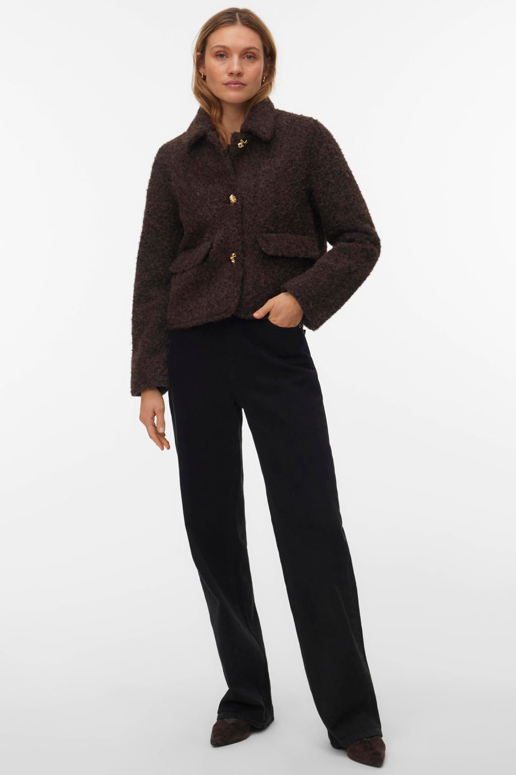 Donkerblauwe dames VERO MODA teddy jas van polyester met effen, lange mouwen en knoopsluiting