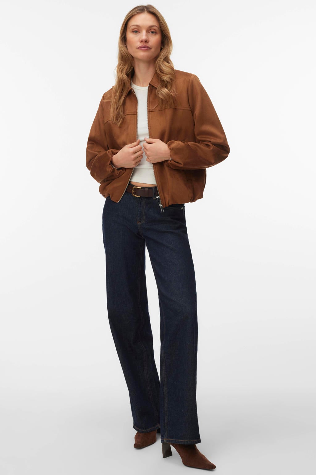 Bruine dames VERO MODA bomberjack van polyester met effen, lange mouwen en widespread hals