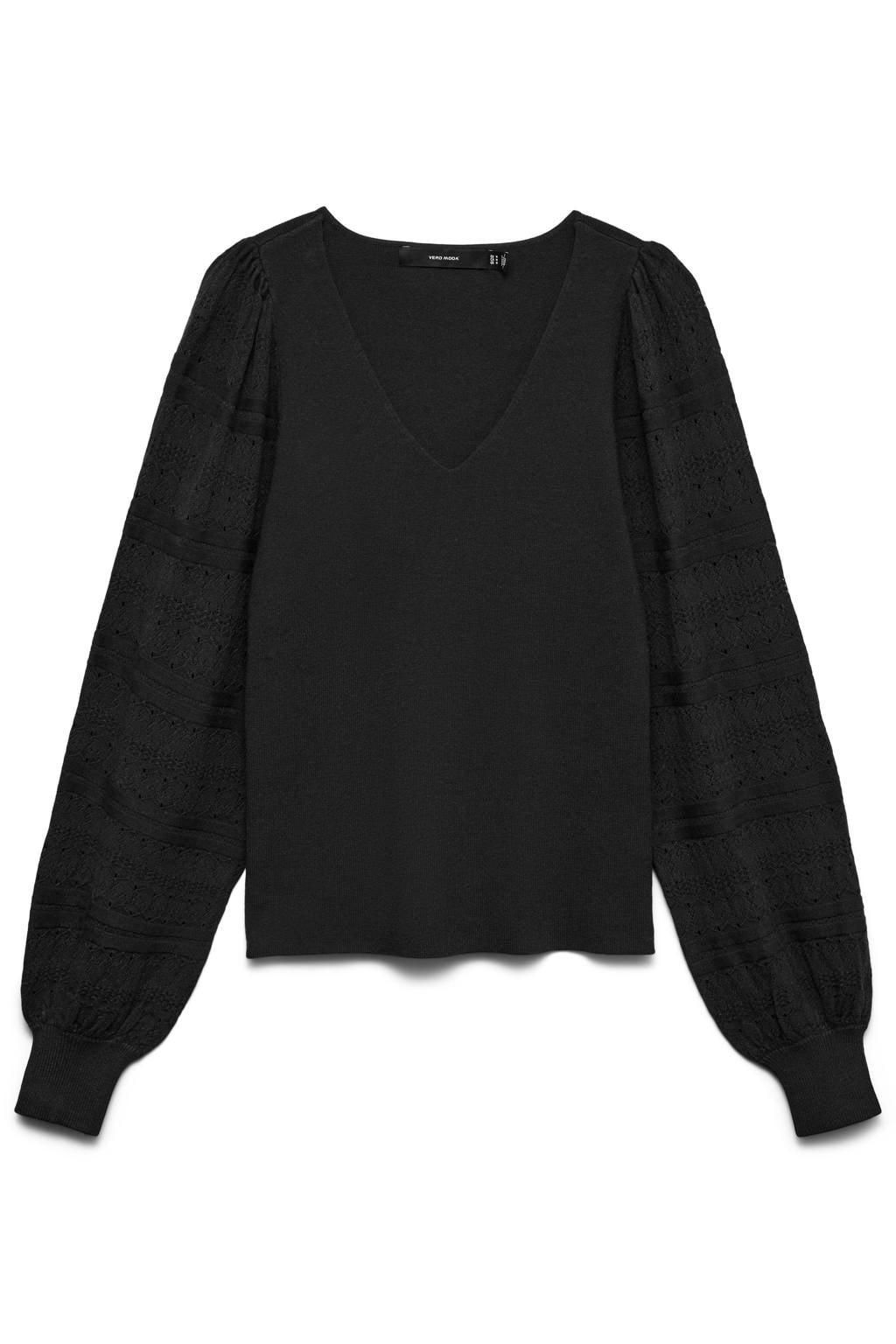 Zwarte dames VERO MODA pullover van viscose met effen, lange mouwen en V-hals