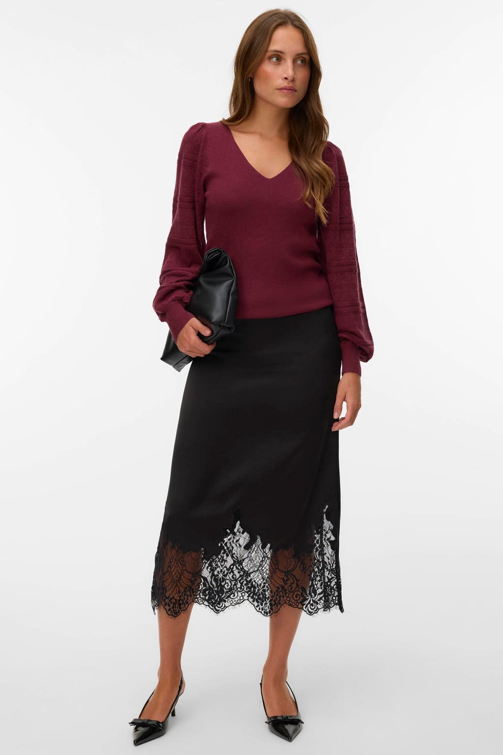 Donkerrode dames VERO MODA trui van viscose met effen, lange mouwen en V-hals