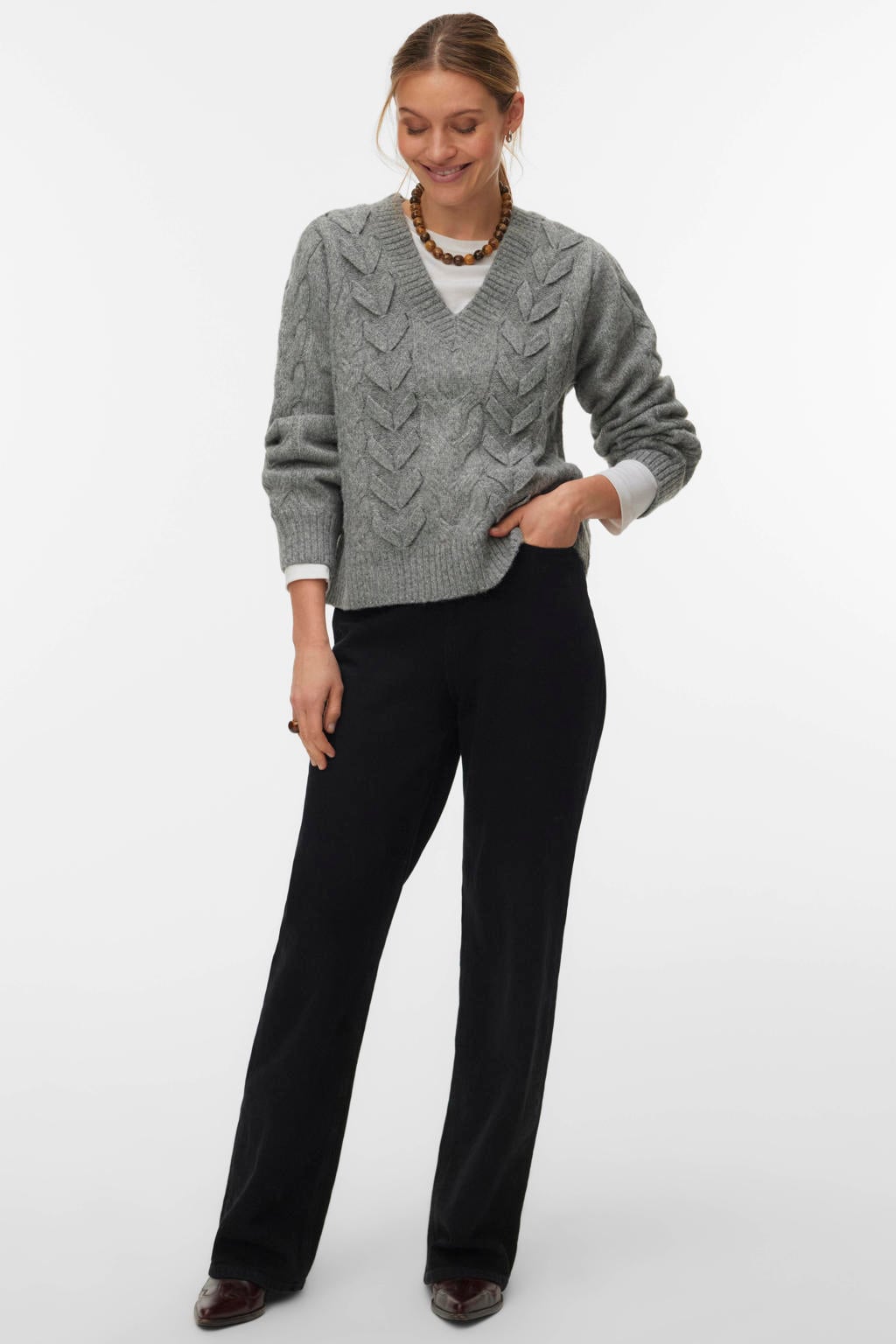 Grijze dames VERO MODA van wol met effen, lange mouwen, V-hals en gebreide details