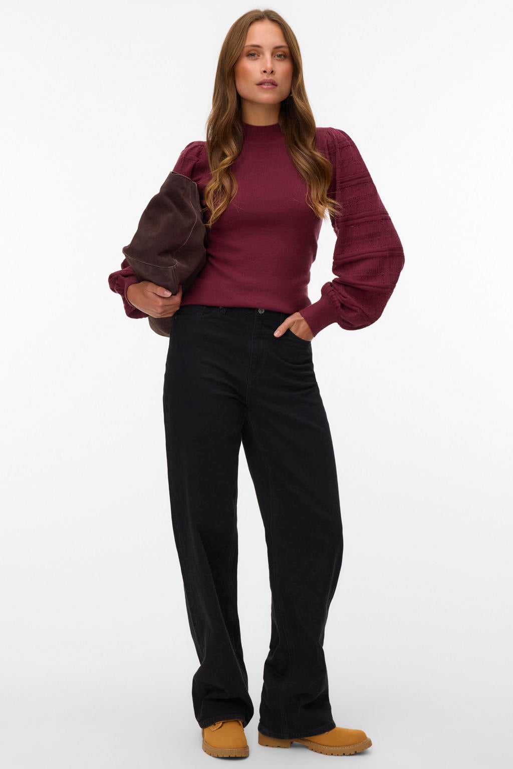 Donkerrode dames VERO MODA van viscose met effen, lange mouwen, ronde hals en borduursels