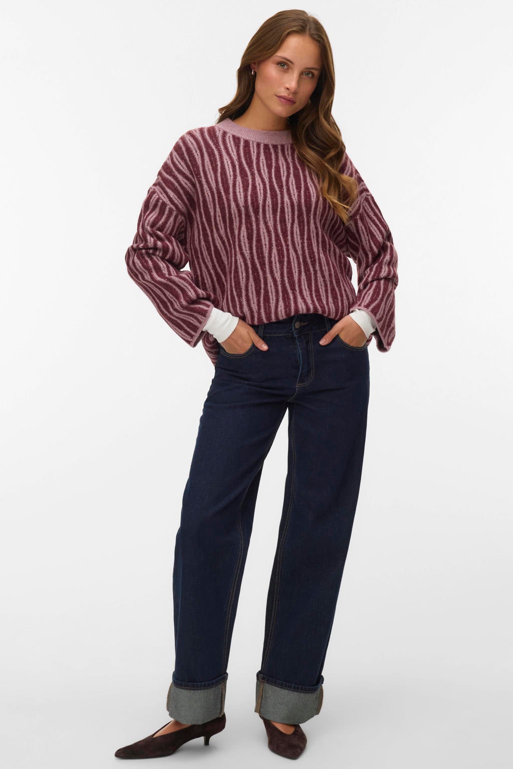 Paars en roze dames VERO MODA van polyester met lange mouwen, ronde hals en gebreide details