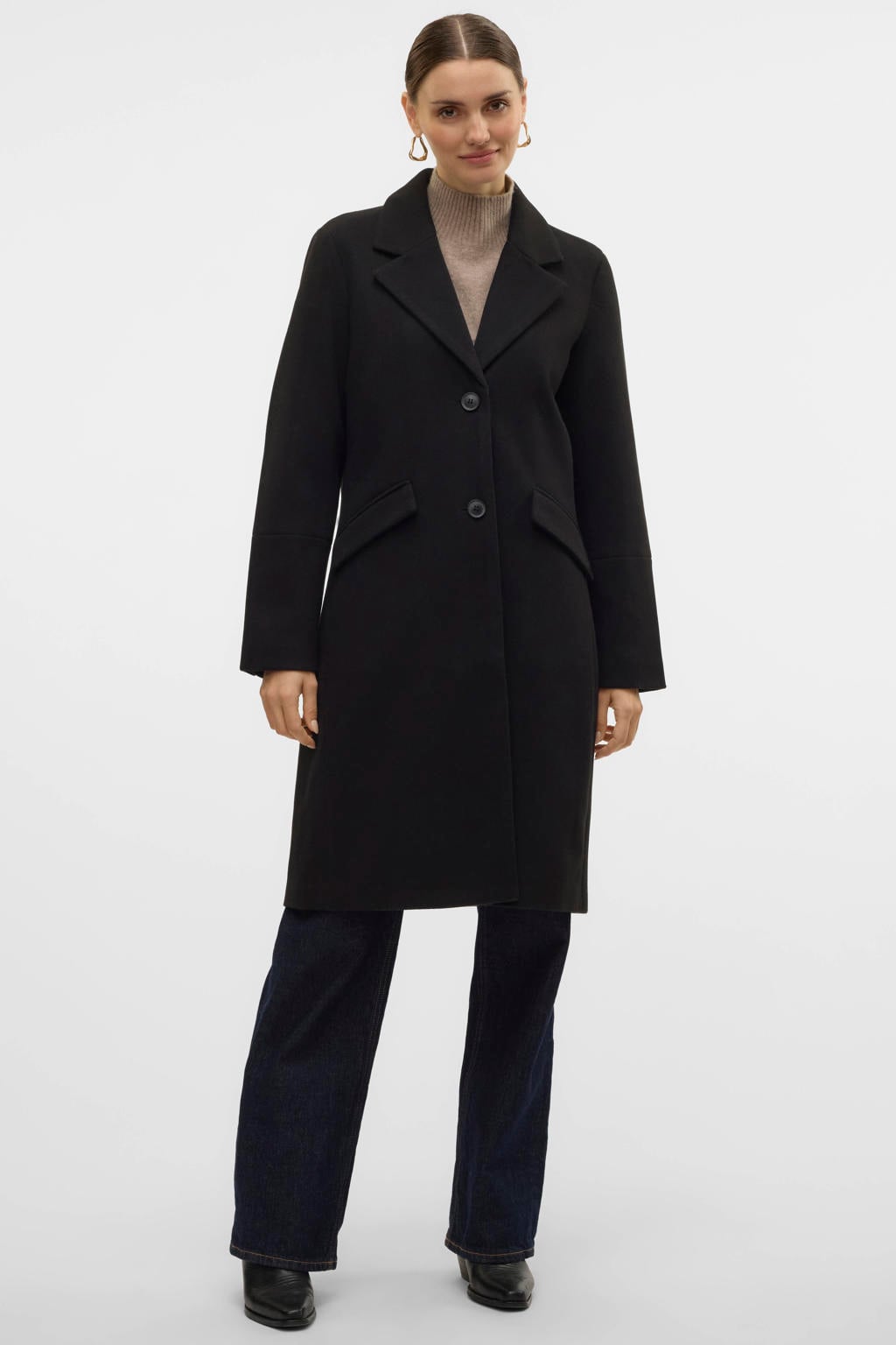 Zwarte dames VERO MODA van polyester met effen, lange mouwen, reverskraag en knoopsluiting